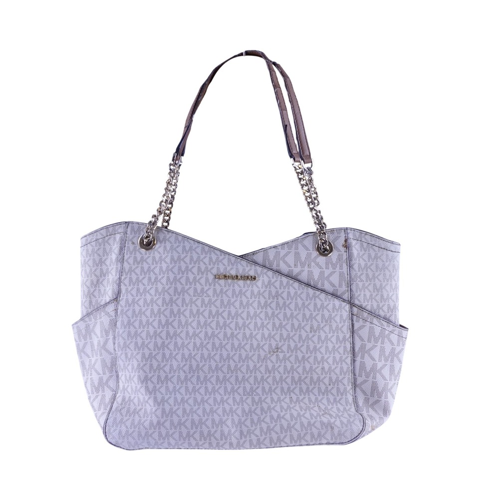 Michael Kors Jet Set Large Shoulder Tote Vanilla Monogram Chain Strap Bag